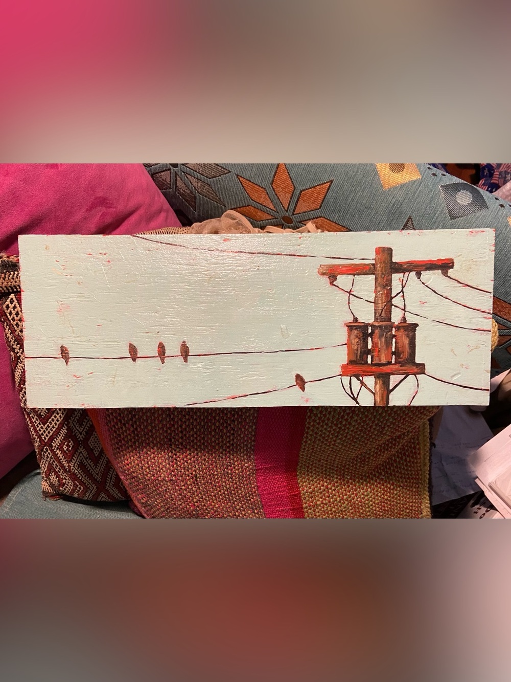 Hand-Painted Utility Pole Wall Art - Mint & Rust